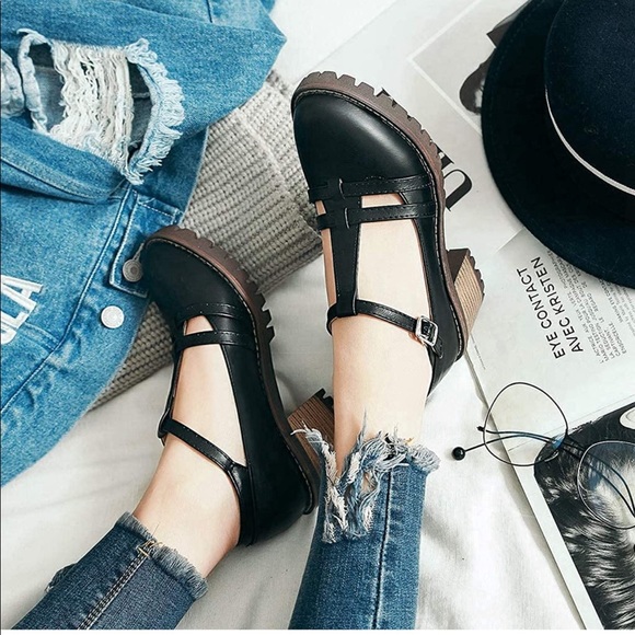 NEW XBAO Black T-Strap Ankle Mary Jane Platform Oxford Block Heel Chunky Heels - Picture 1 of 6